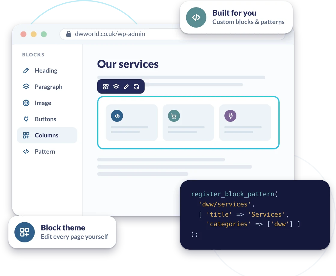 The WordPress block editor with a services section selected, beside a snippet of code registering a custom block pattern.